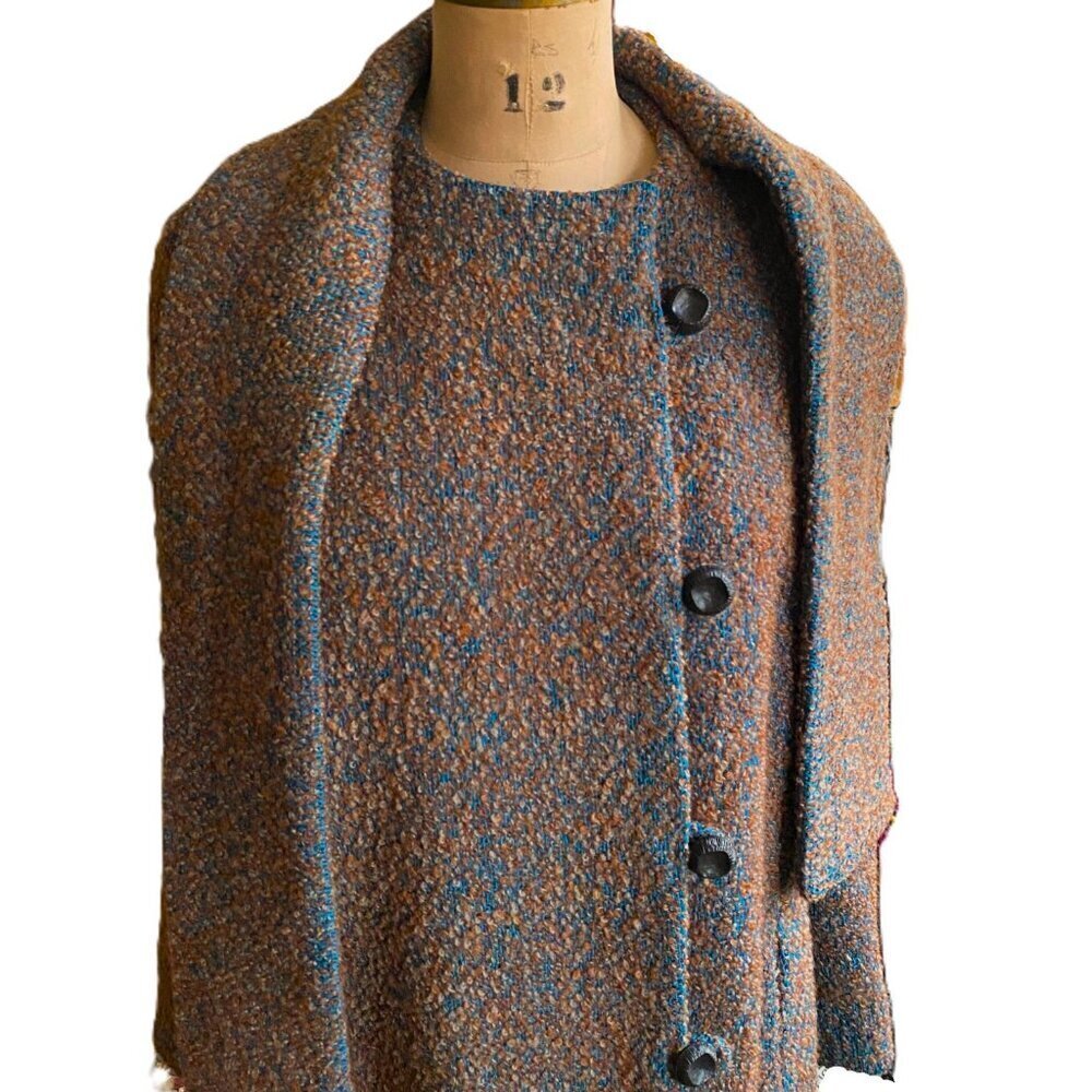 Lovely vintage 50-60s union label bouclé swing coat in turquoise tan with scarf - Picture 8 of 16